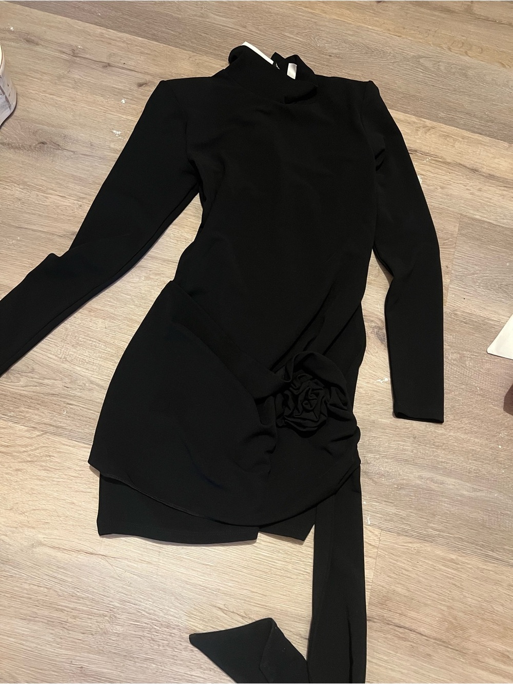 H&M Black Long-Sleeve Mini Dress with Rosette Detail